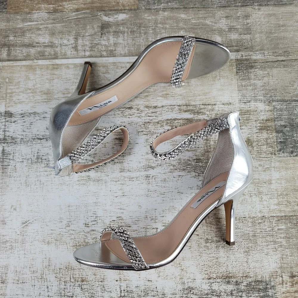 Nina Vauna Womens Sandals Sz 11 M Silver Rhinestone Ankle Strap Zip Kitten Heel